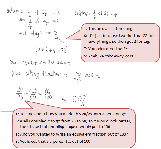 Child's handwriting solving a mathematics equation accompanied by a text box depicting the conversation between student and teacher.