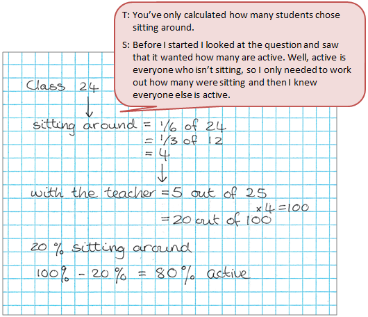 Notebook with handwriting solving a mathematics equation accompanied by a text box depicting the conversation between student and teacher.