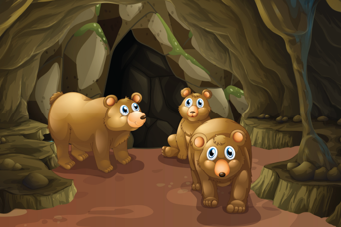 Illustration of three bears in a cave.