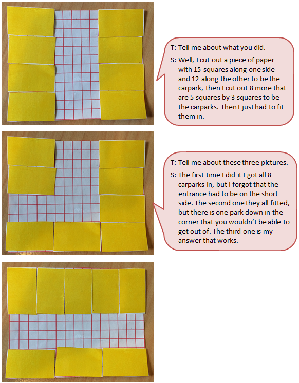 A scale model of a parking space using grid paper and cut-out rectangles to represent the parking space of cars, accompanied by a text box depicting the conversation between student and teacher.