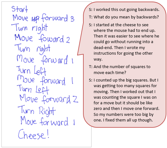 A handwritten set of direction instructions accompanied by a text box depicting the conversation between student and teacher.