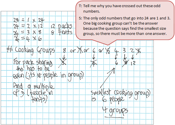 A diagram showing group numbers using common multiples of two and three, accompanied by a text box depicting the conversation between student and teacher.