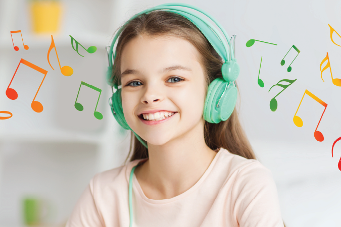 Young girl listening to music with headphones.