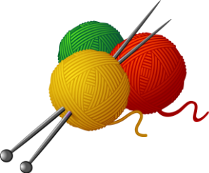 Three balls of wool in the colours red, green and yellow, with two knitting needles.