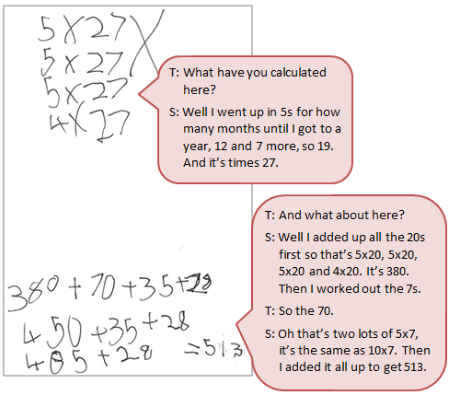 A student's work using additive and multiplicative thinking to solve a problem accompanied by a text box depicting the conversation between student and teacher.