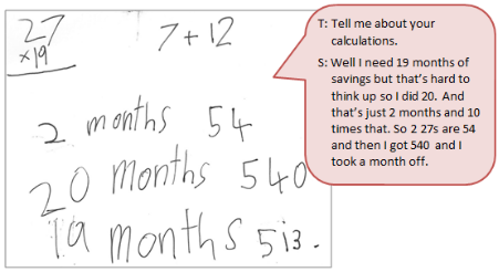 A student's workings, applying the distributive property of whole numbers under multiplication to solve the problem accompanied by a text box depicting the conversation between student and teacher.