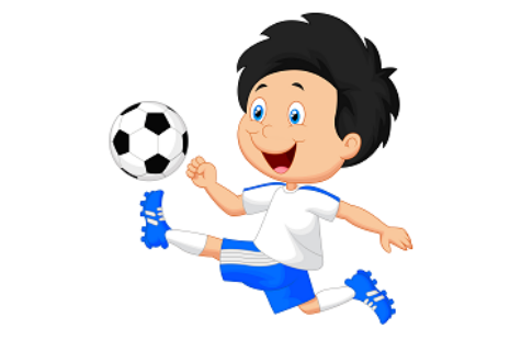 A cartoon drawing of a boy kicking a soccer ball.