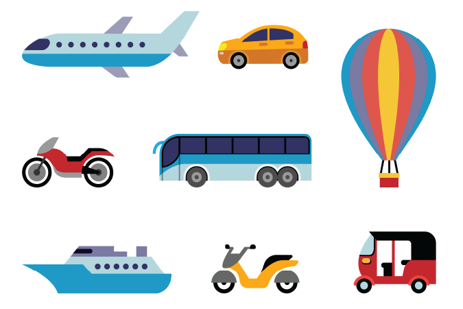 Illustrations of an airplane, car, hot air balloon, motorbike, bus, boat, scooter, and a rickshaw.