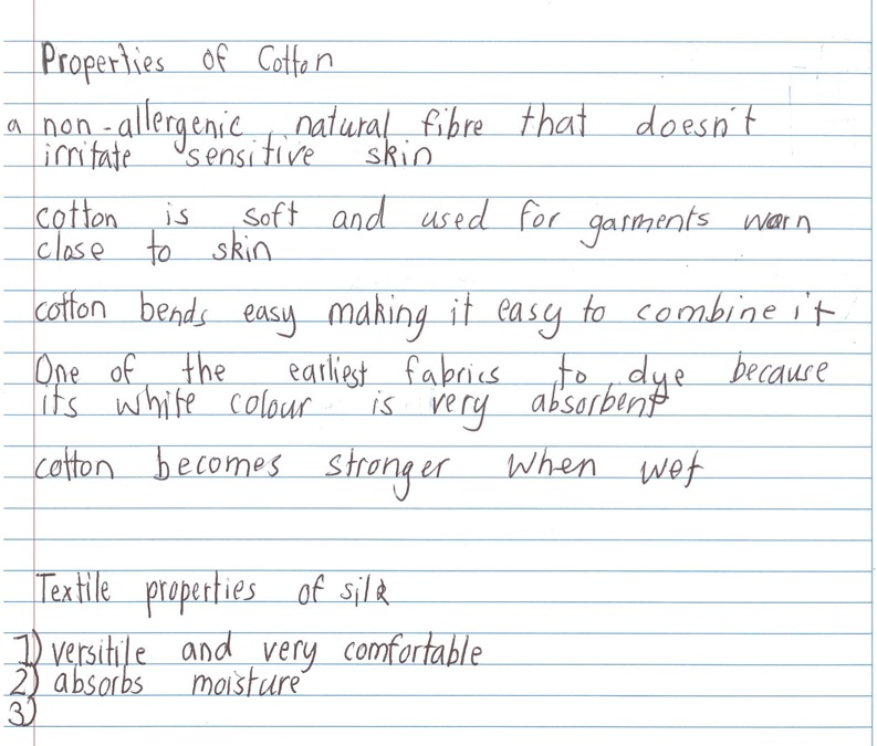 Student writing: the properties of cotton.