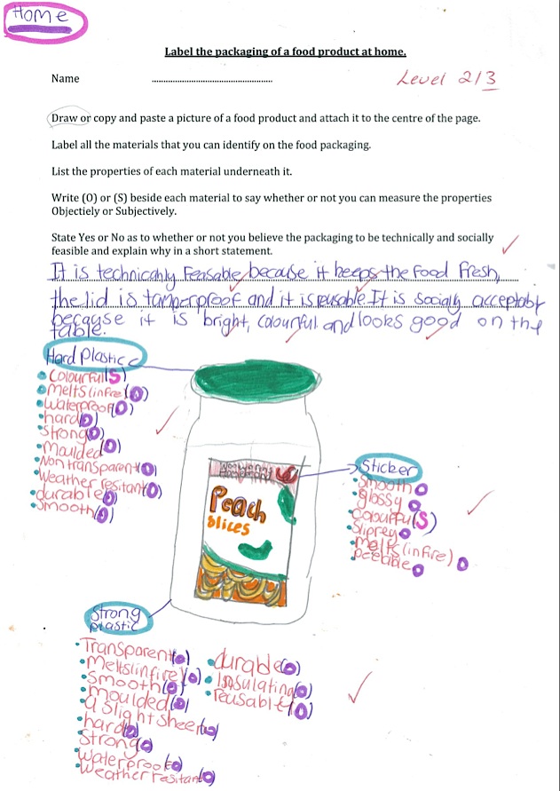 Student worksheet of a food product and labelling.