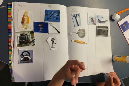 Pictures of household appliances activity in a scrapbook.