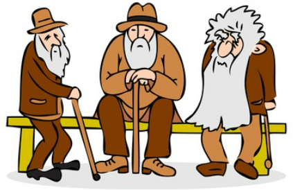 A cartoon depiction of three old men, sitting on a bench: Tom, Dick and Harry.