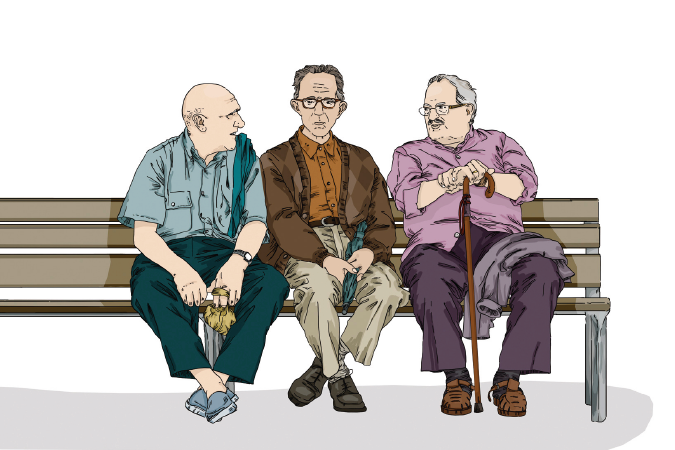 There are three old men, sitting on a bench: Tom, Dick and Harry.