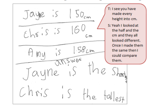 Student's notes on height measurements accompanied by a text box depicting the conversation between student and teacher.