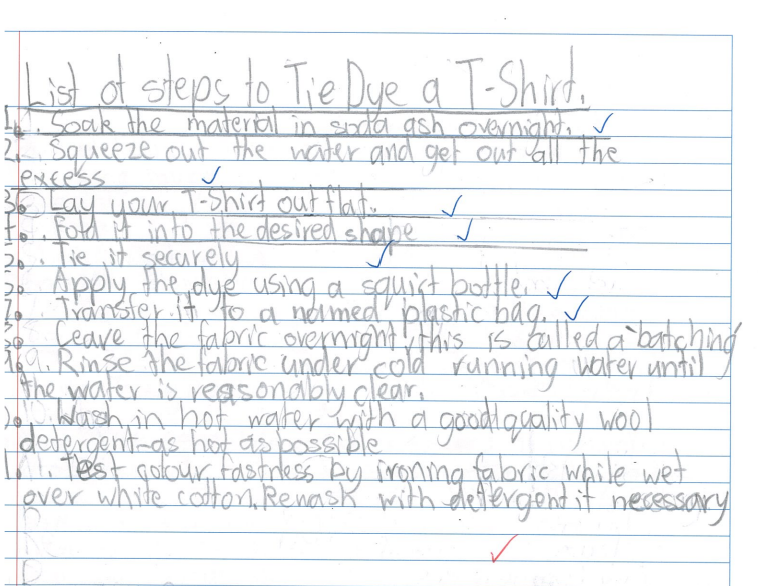 A students list of steps to tie dye a t-shirt.