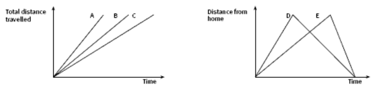 Two line graps. One measuring total distance travelled and time. The other distance from home and time.