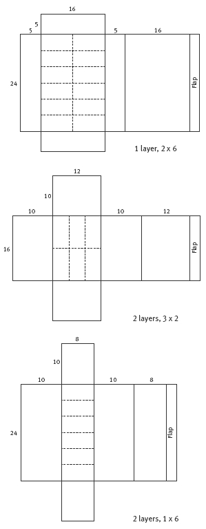 Three different examples of nets showing finer detail such as flaps and measurements.