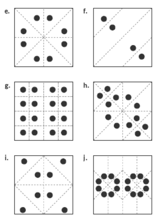 Six folded squares of paper with varied holepunch patterns on each.