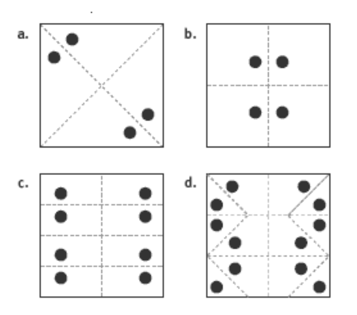 Four folded squares of paper with varied holepunch patterns on each.