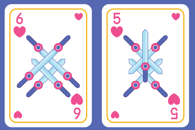 Two playing cards, a 6 and 5 of hearts. 