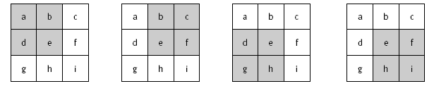 A stamp block 3 x 3 sqares, first of the 9 squares has the letter a, the next a b, and it continues up to the letter i.