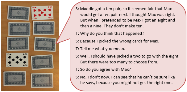 10 cards flipped over, apart from an 8 of spades and a 9 of hearts. A text box caption accompanies. 