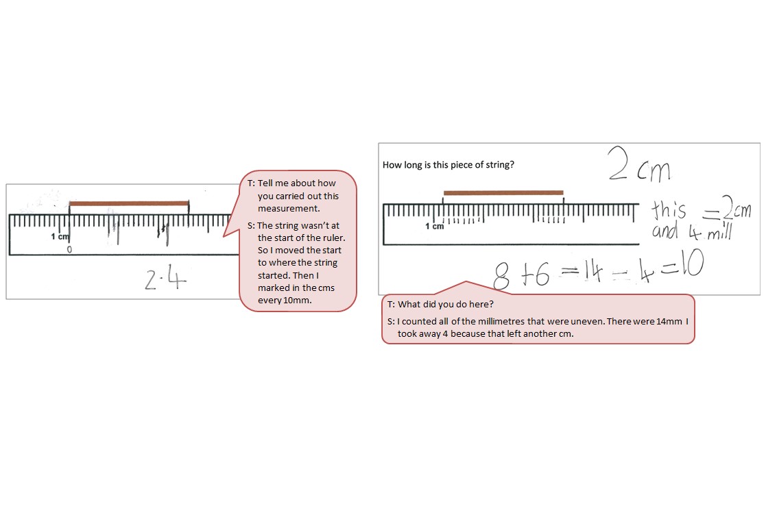 A drawing of a ruler measuring a piece of string not at zero, accompanied by dialogue between teacher and student regarding the student's approach to measure it.