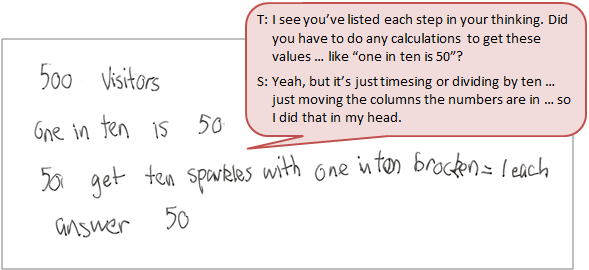 Written student notes calculating how many visitors will get a packet of sparkles.