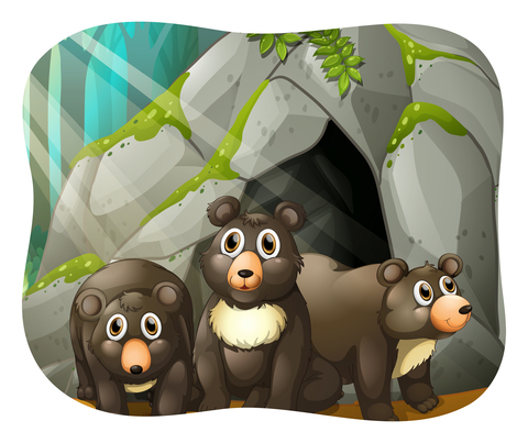 Illustration of three bears sitting outside a cave. 