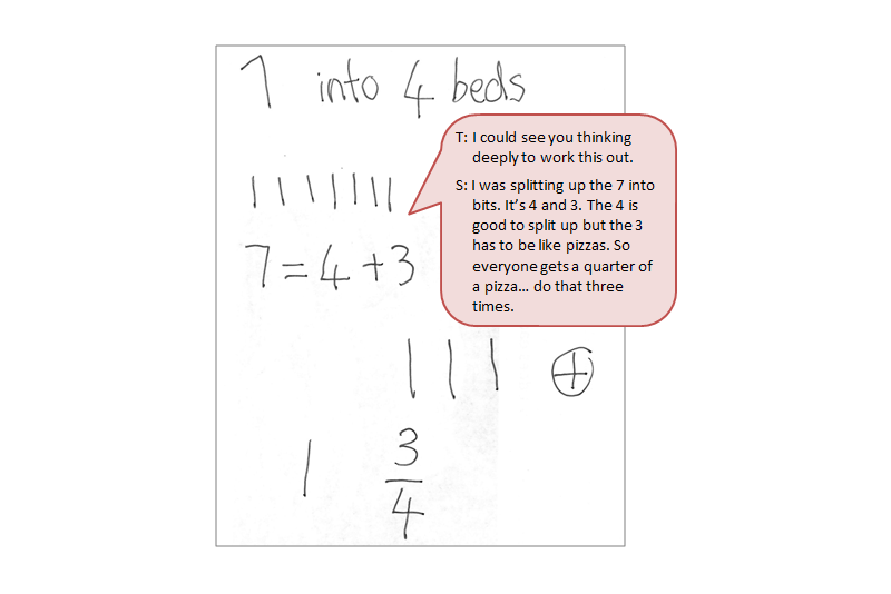 A page of a student's work accompanied by dialogue between teacher and student regarding it.