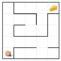 A simple maze, a mouse at one end and a piece of cheese at the other. 