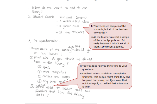 A handwritten survey accompanied by a text box depicting the conversation between student and teacher.