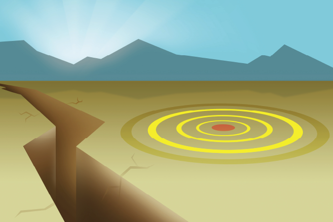 Illustration of a mountain desert with a cliff split; a target is drawn on the desert. 