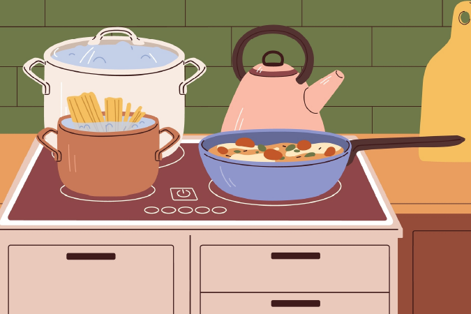 A kitchen stove with three pots of food cooking and a kettle, depicted in cartoon form.