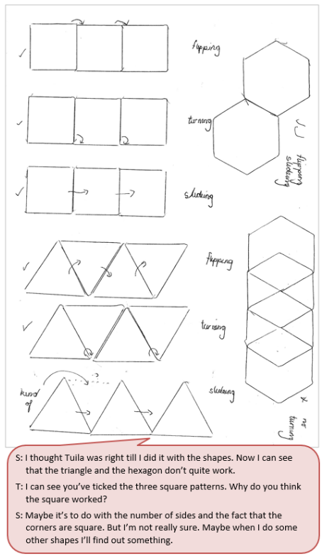 A hand drawn collection of shapes accompanied by a text box depicting the conversation between student and teacher.