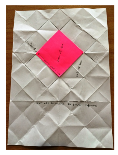 Unfolded paper showing the size of the post-it note.