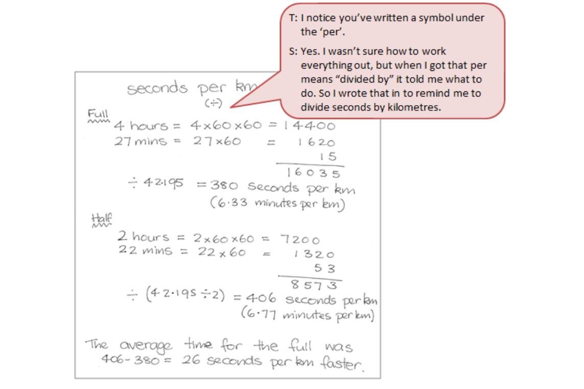 A student's calculations, with guidance, of values in standard form with a text box of the conversation between a student and a teacher.