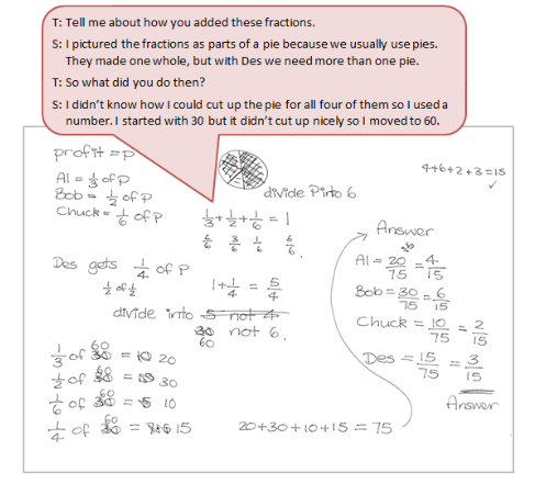 A handwritten set of fractions with a text box depicting the conversation between a student and a teacher.