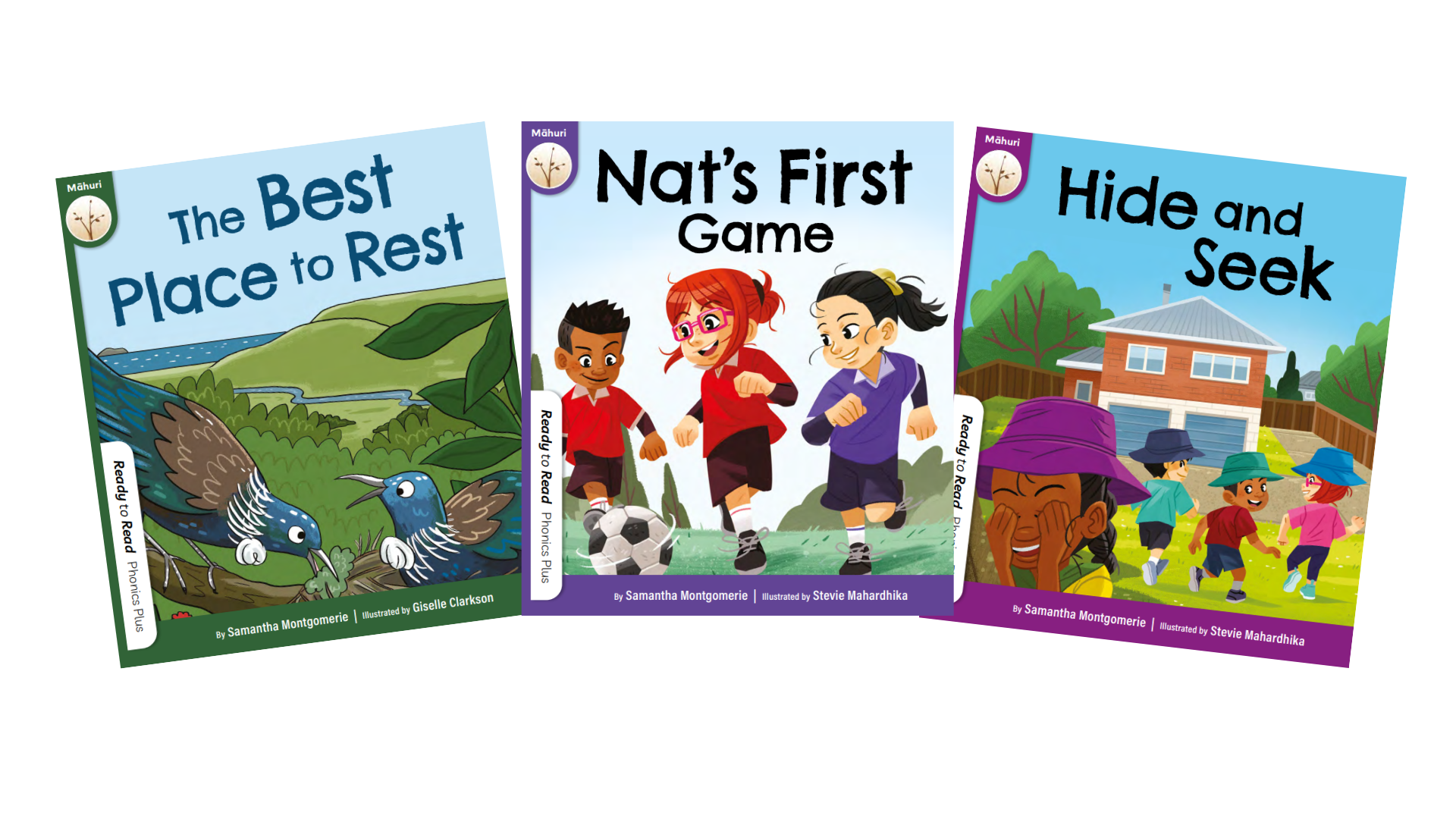 A selection of front covers of books from the Māhuri Phase including "The Best Place to Rest" "Nat's First Game" and "Hide and Seek"