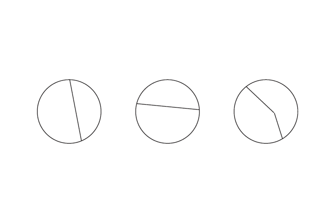 Circles that have been folded into two pieces unequally.