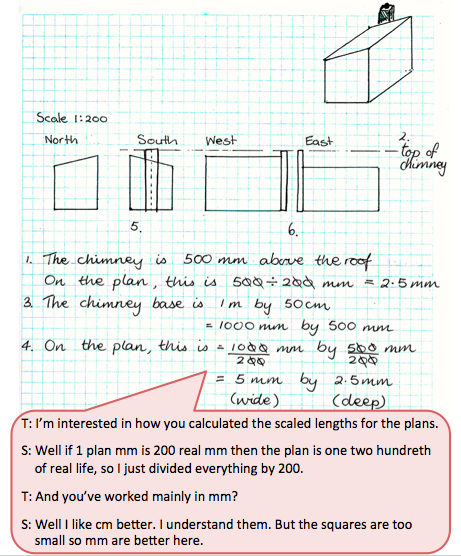 A handwritten set of direction instructions accompanied by a text box depicting the conversation between student and teacher.