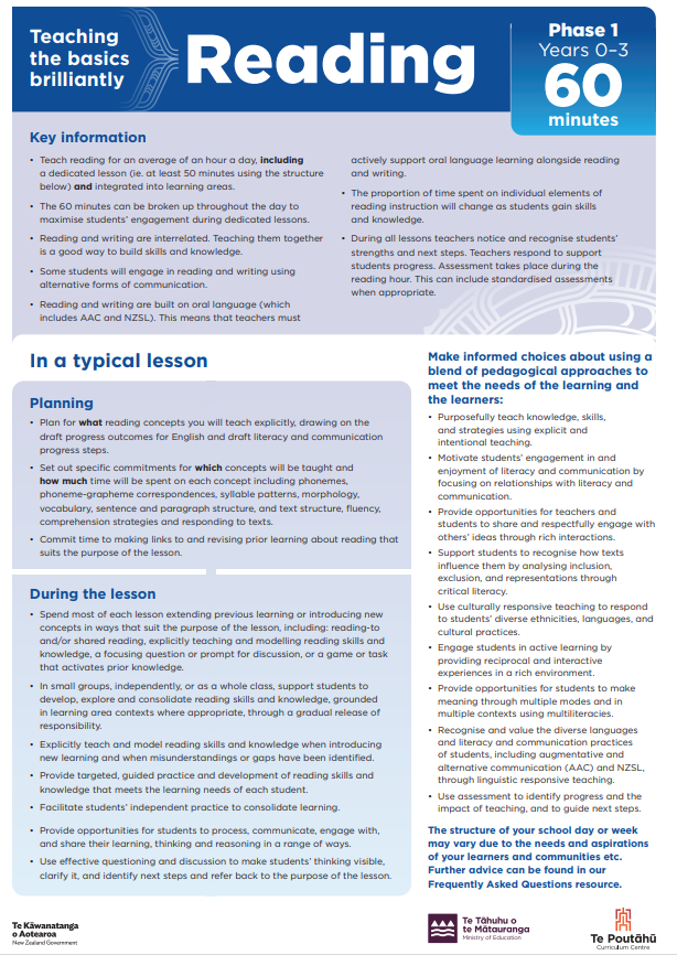 Screenshot of Reading Hour a Day Guidance for Phase 1.