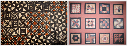 Two photos of geometric-patterned fabrics.
