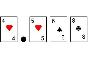Four playing cards with a dot between the first 2 cards.