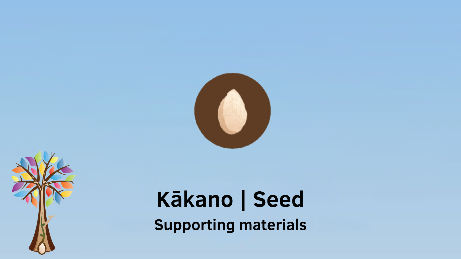 Central image of seed inside brown circle with Ready to Read Phonics Plus tree to the left. Central Text saying Kākano | Seed and subheading saying supporting materials