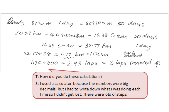 A handwritten solution to a proportional reasoning problem in a measurement context accompanied by a text box depicting the conversation between student and teacher.