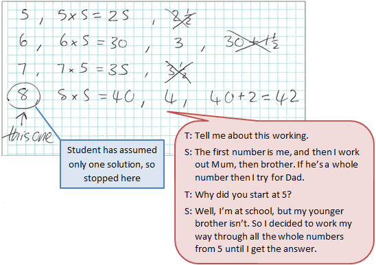 A student's workings accompanied by a text box depicting the conversation between the student and teacher.