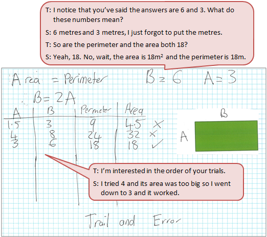 A handwritten set of workings to an area problem accompanied by a text box depicting the conversation between the student and teacher.