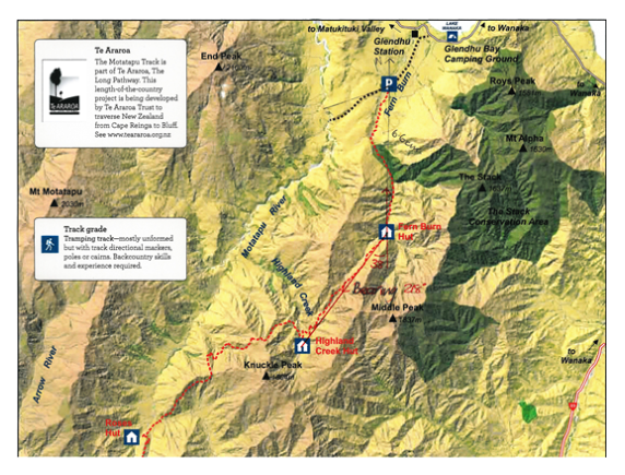 A map of a mountain range with a walking track highlighted in red, and 2 text boxes giving information about the area and trekking advice.