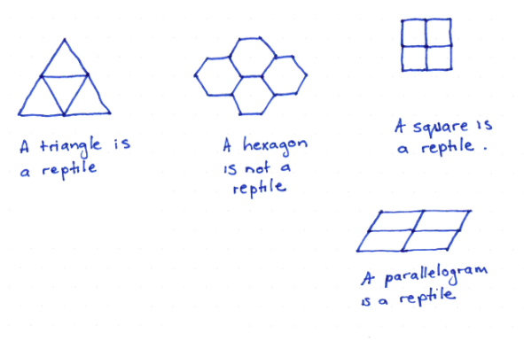 Four hand-drawn reptiles made up of Rep-4 shapes.